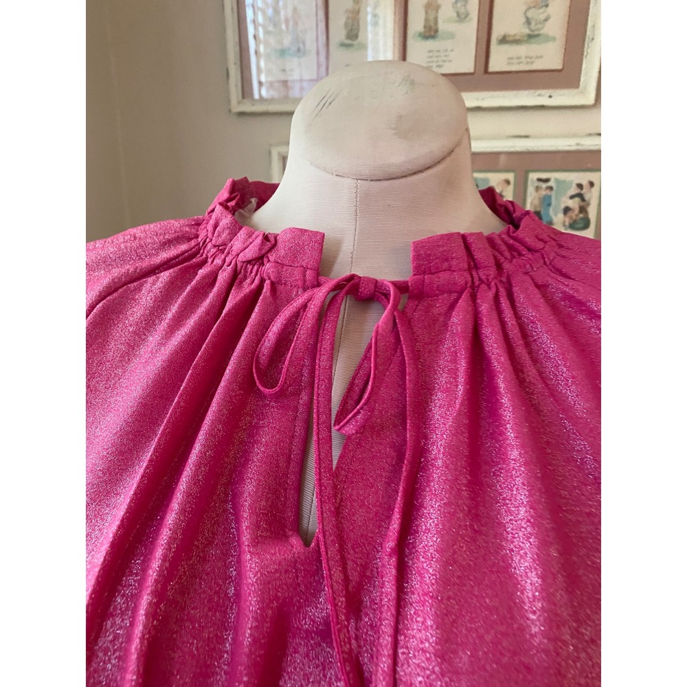 Hope & Harlow Magenta Silver Metallic Ruffle Tie Neck Blouse Large NWT - Picture 3 of 8